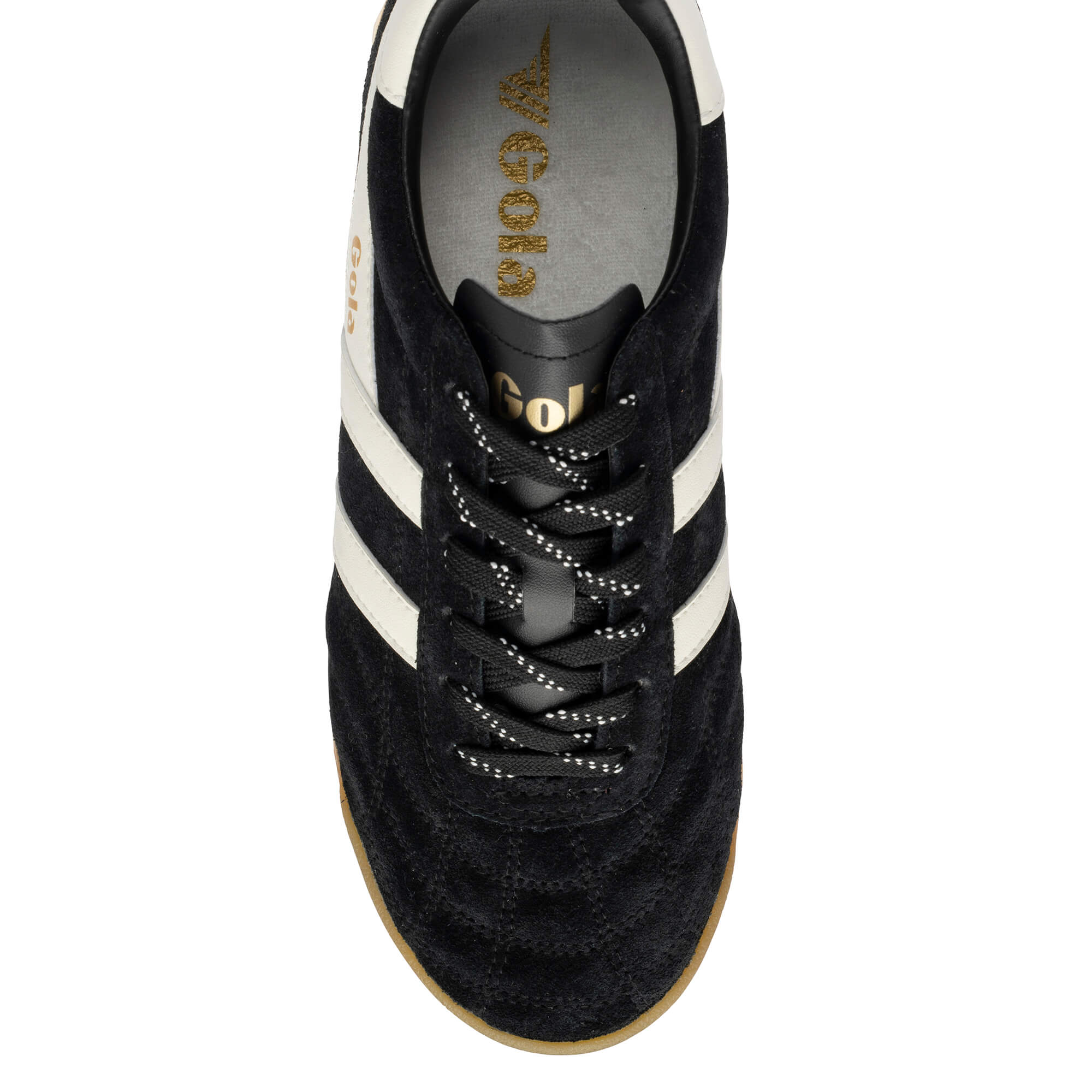 Black Gola trainer with white stripes and gold branding