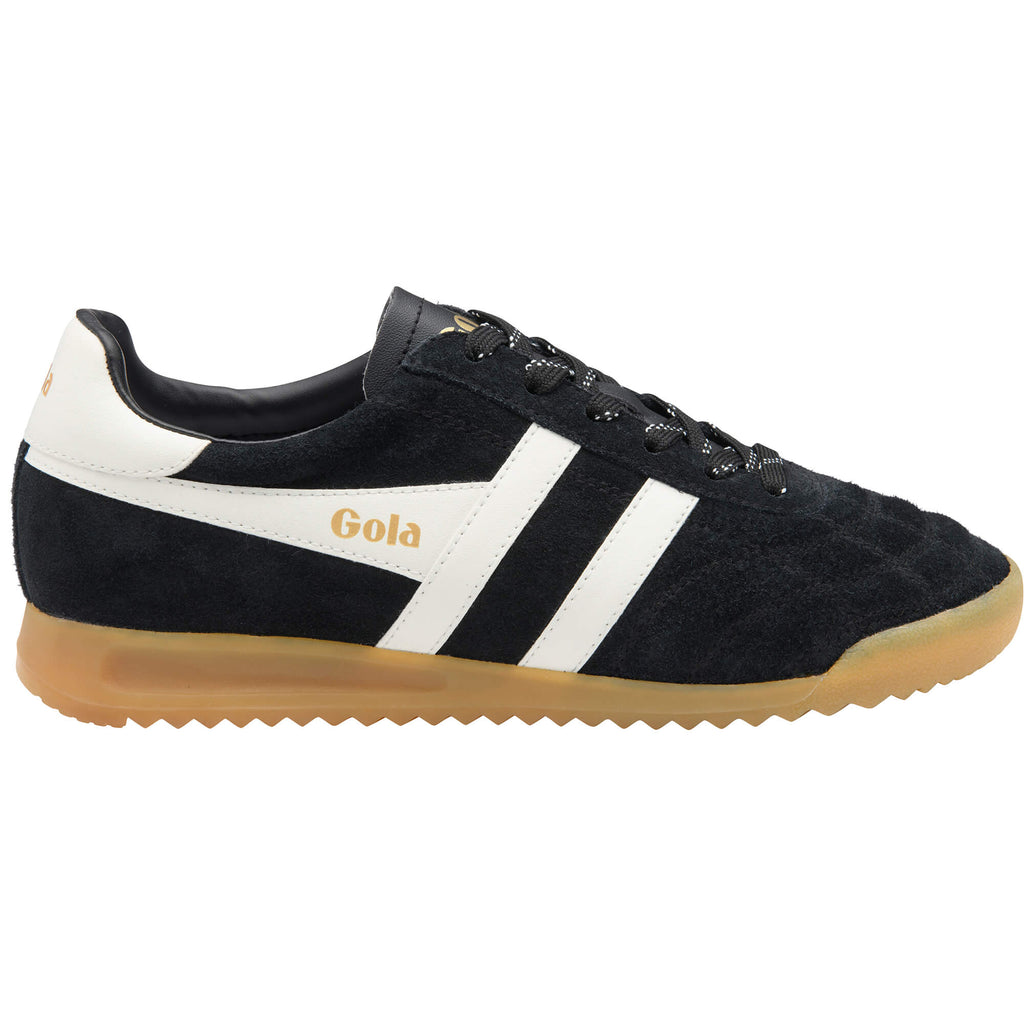 Black Gola trainer with white stripes and a gum sole