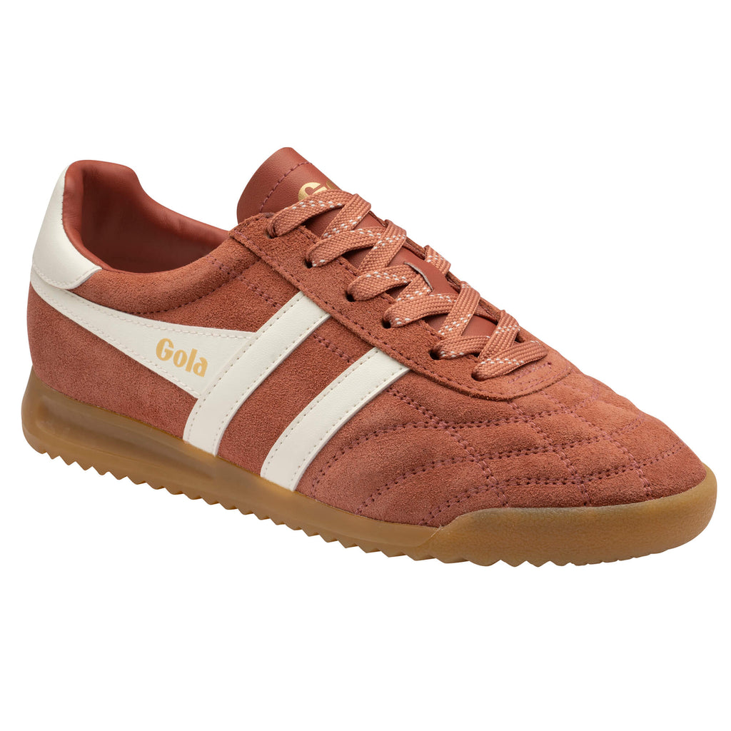 Gola Elan trainer in rust suede with white stripes and gum sole