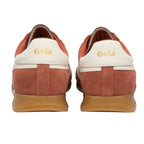 Pair of Gola trainers, rear view, in rust suede with cream heel trim and gum sole
