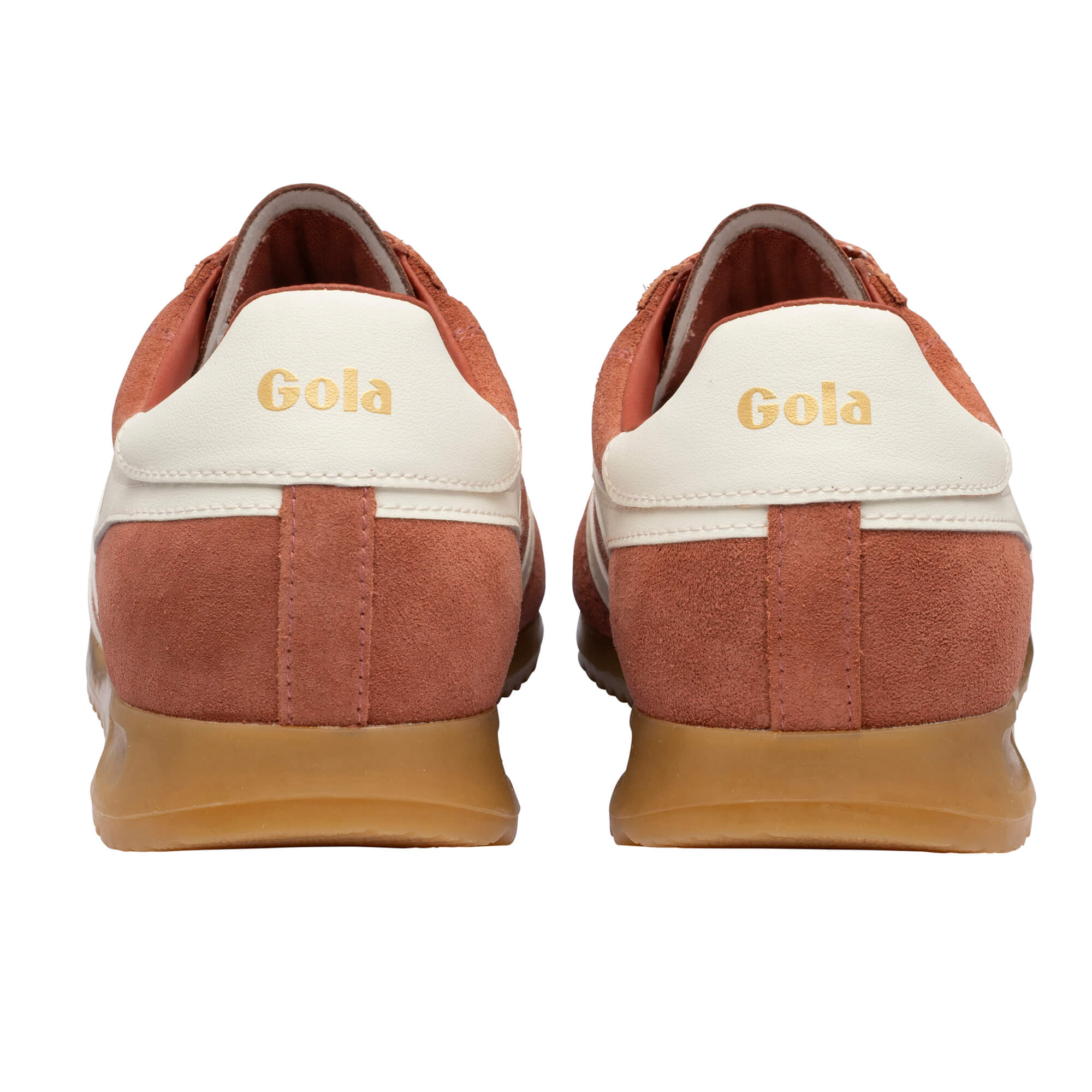 Pair of Gola trainers, rear view, in rust suede with cream heel trim and gum sole