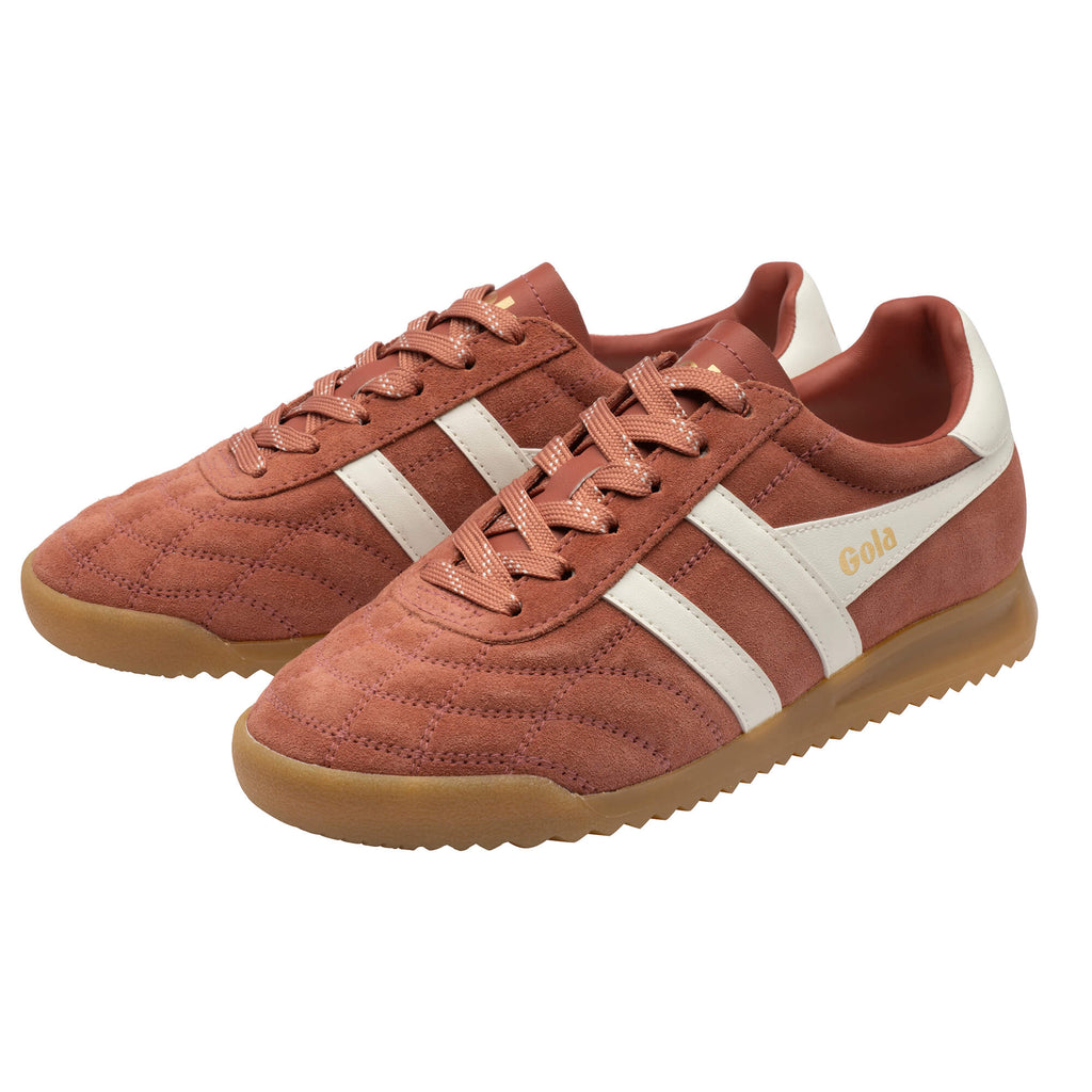 Pair of Gola Harrier trainers in rust suede with white stripes and gum sole