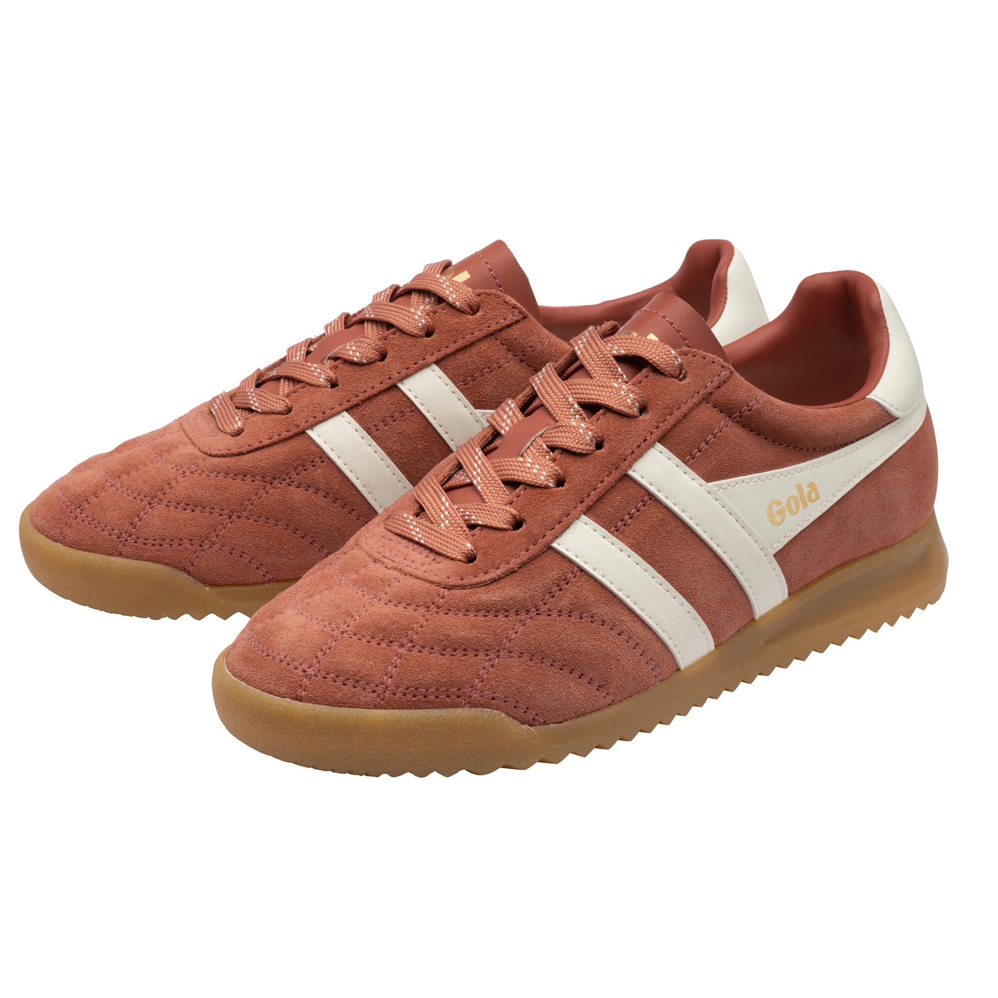 Pair of Gola Harrier trainers in rust suede with white stripes and gum sole