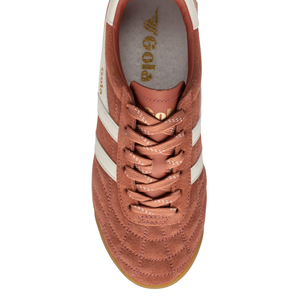 Top-down view of a Gola trainer in dusky pink suede with white stripes and laces