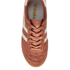 Top-down view of a Gola trainer in dusky pink suede with white stripes and laces