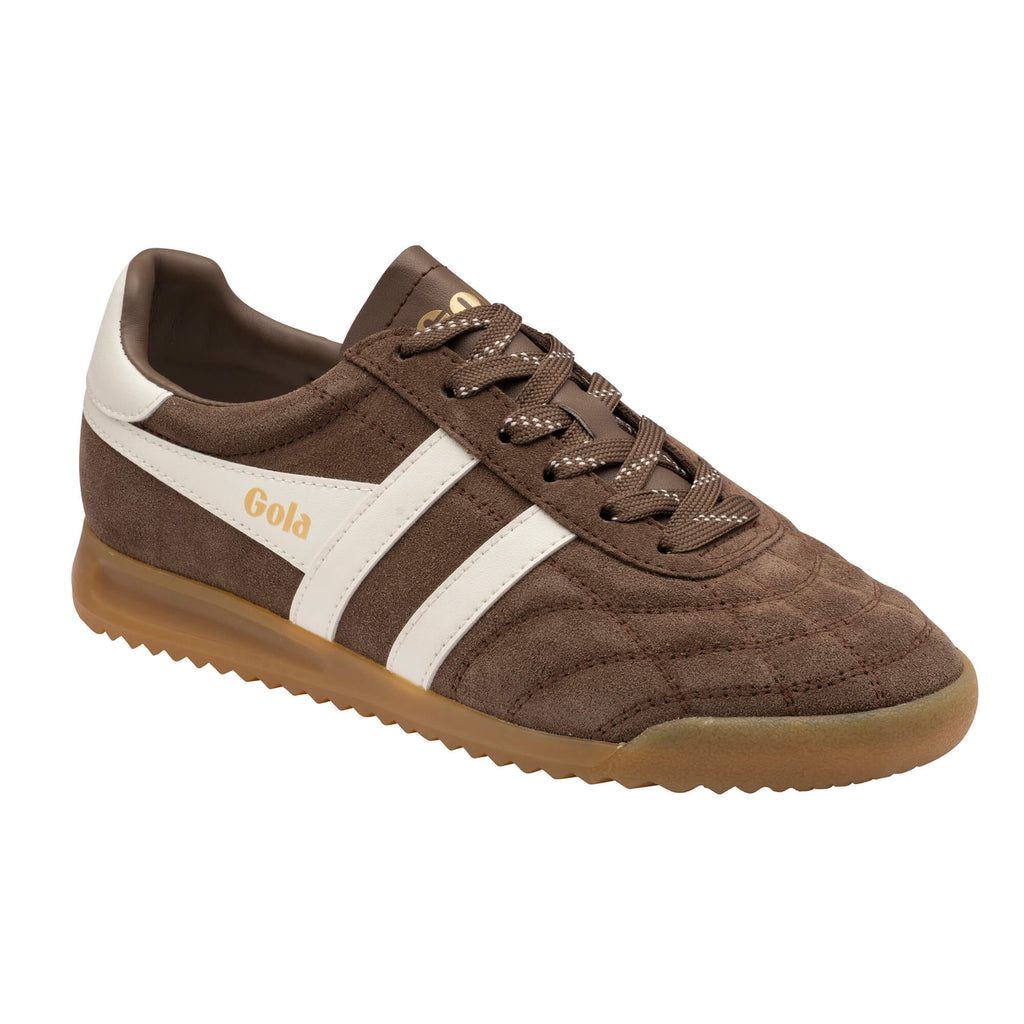 Gola Harrier suede trainer in brown with white stripes and a gum sole