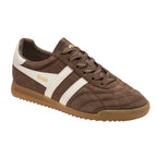 Gola Harrier suede trainer in brown with white stripes and a gum sole