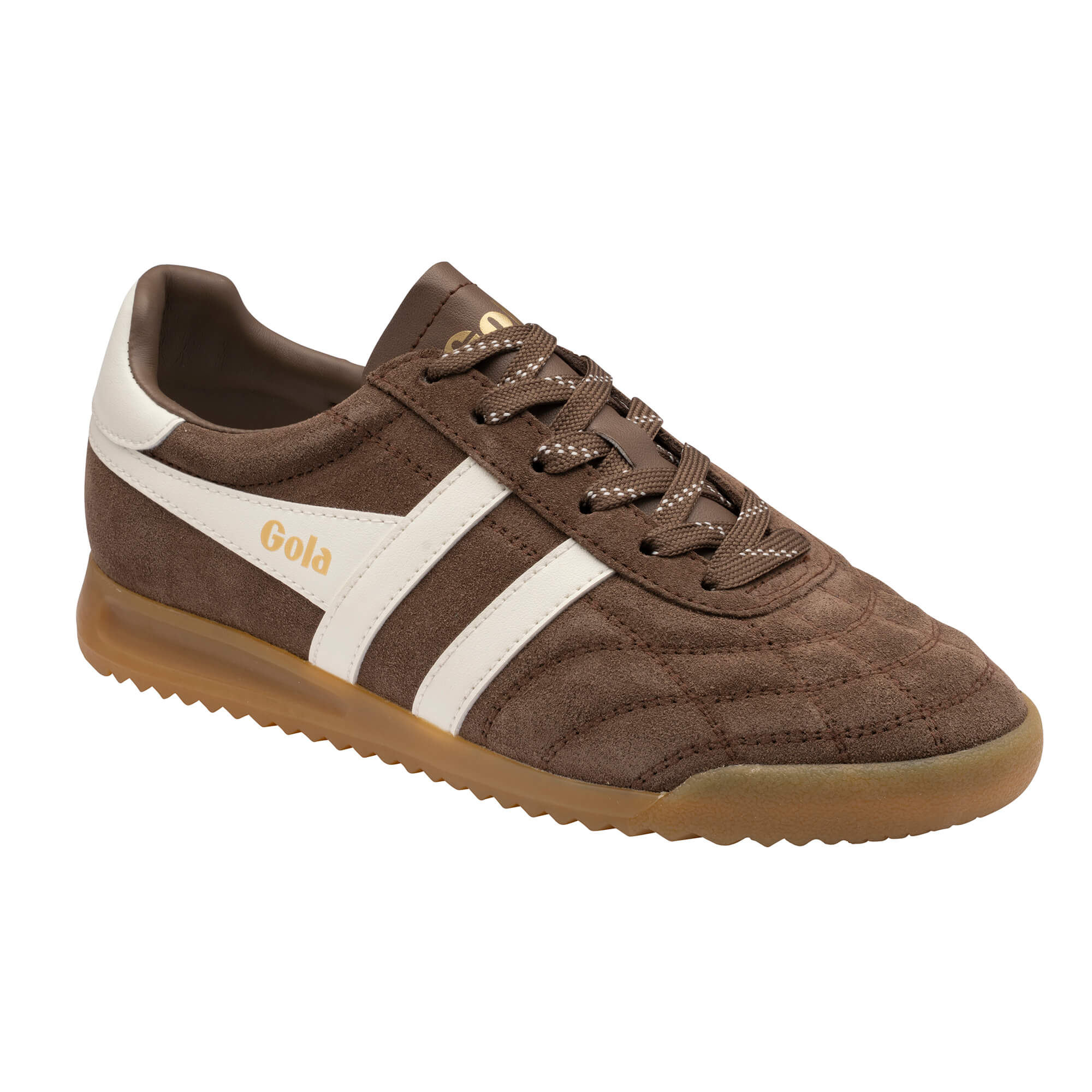 Gola Harrier suede trainer in brown with white stripes and a gum sole
