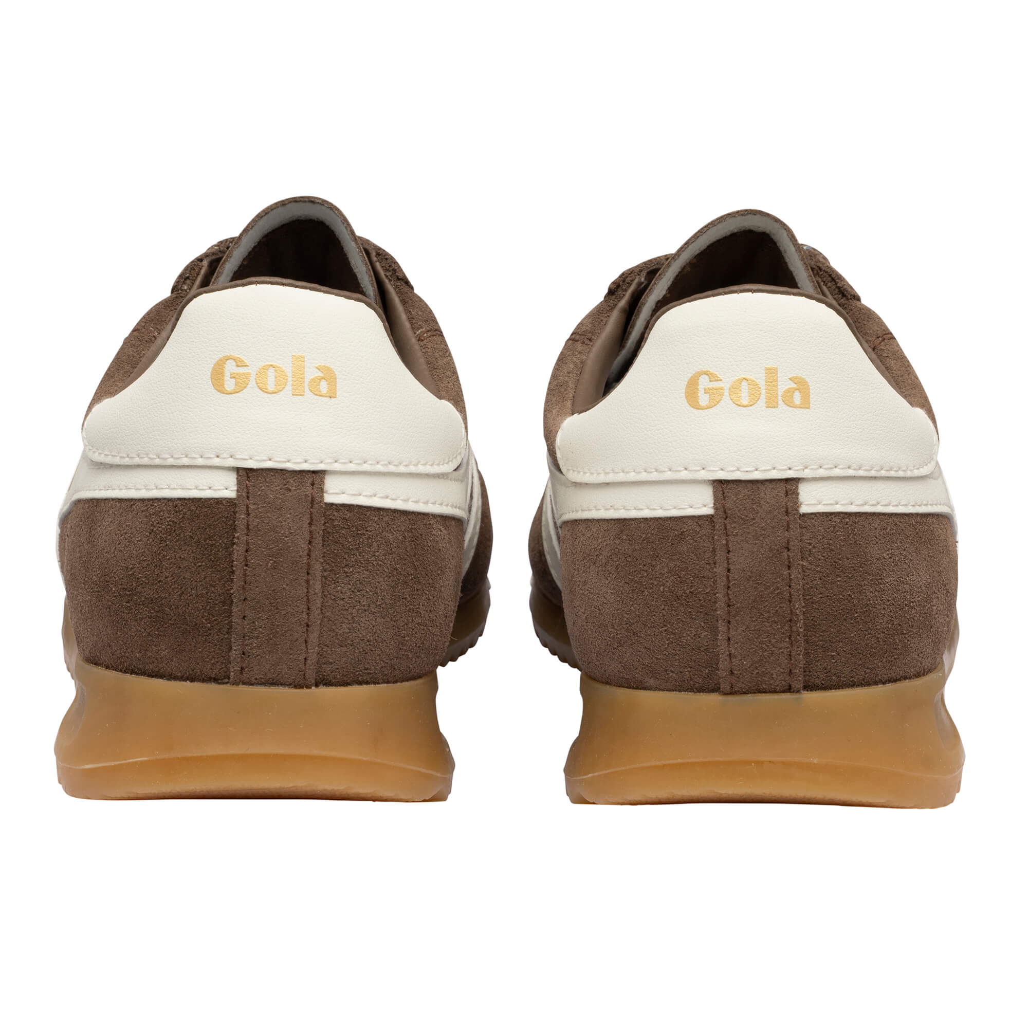 Rear view of two brown Gola trainers with white heel tabs and gold Gola branding