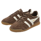 Pair of Gola Elan trainers in brown suede with white stripes and gum sole