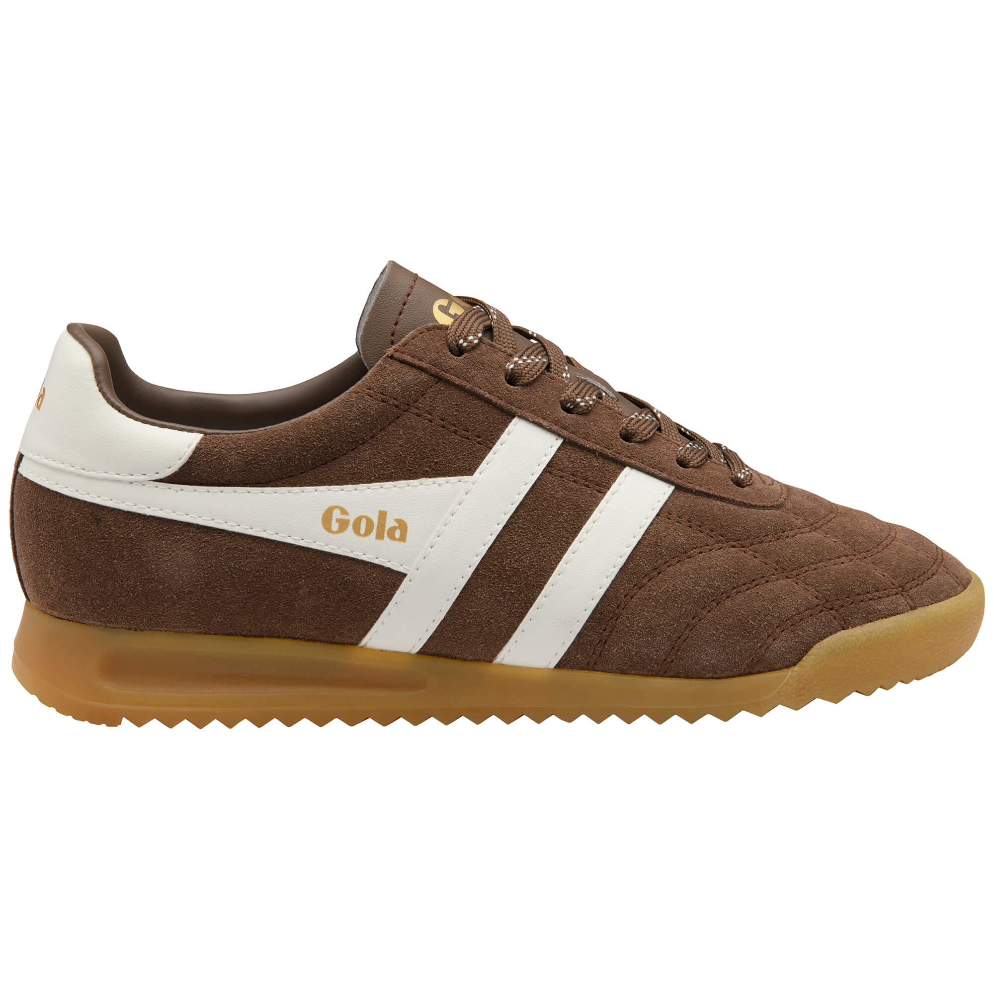 Gola men's trainer in brown suede with white stripes and a gum sole