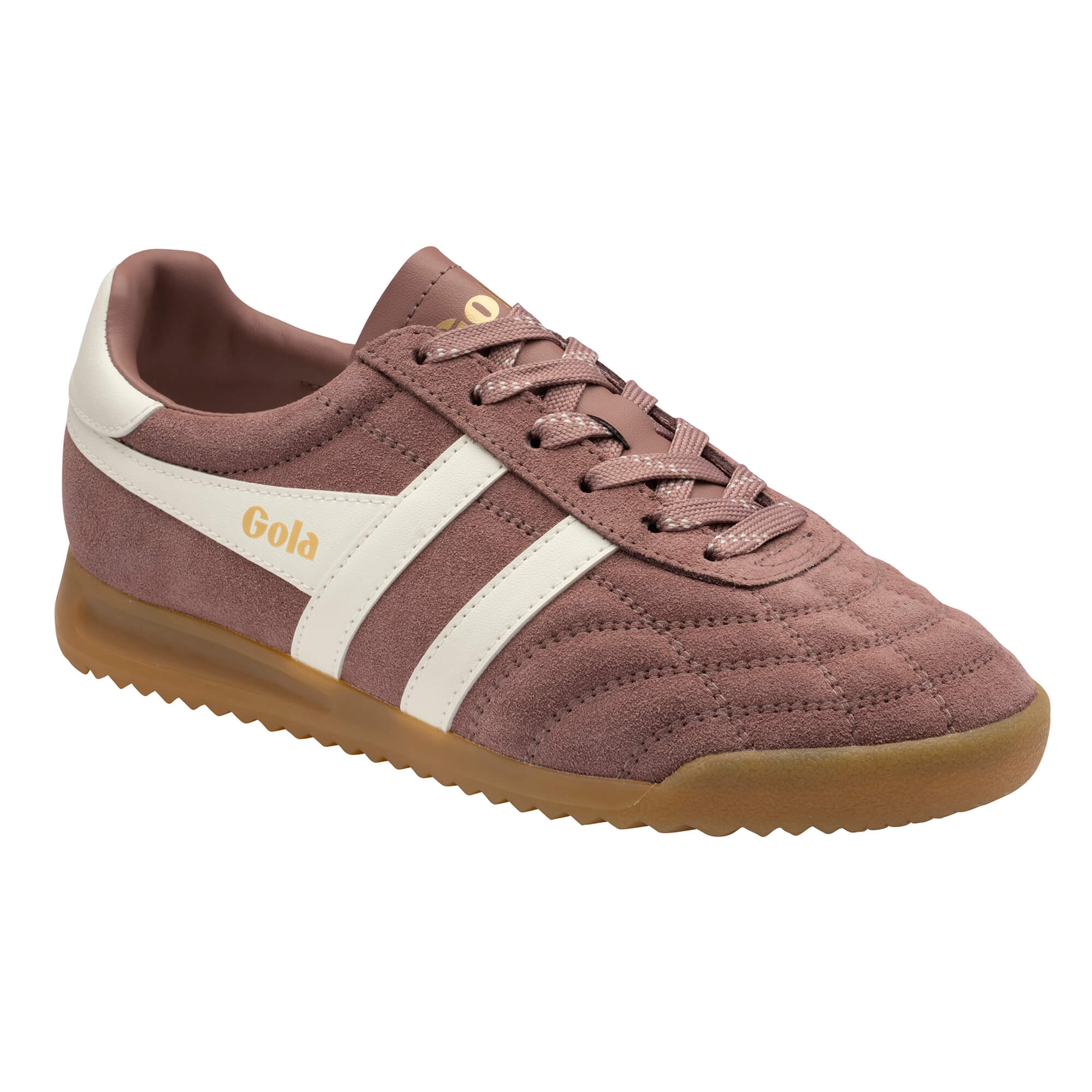 Gola Elan trainer in dusky pink suede with white side stripes and a gum sole