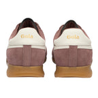 Rear view of two Gola trainers in dusky pink suede with white heel tabs and gum soles