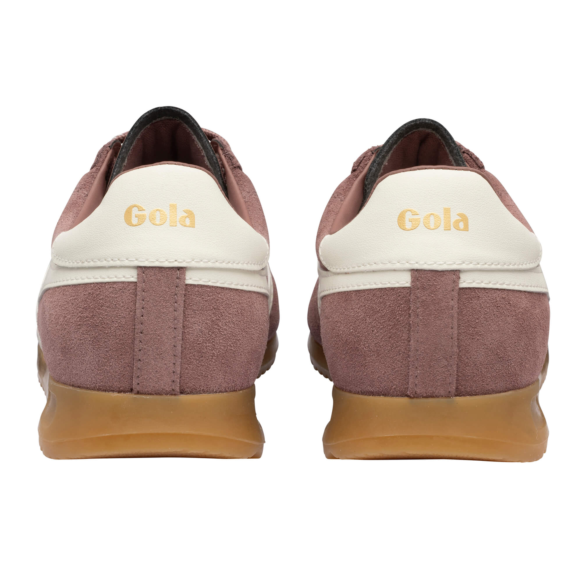 Rear view of two Gola trainers in dusky pink suede with white heel tabs and gum soles