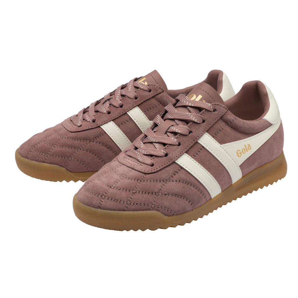 Pair of Gola Elan trainers in dusky pink suede with white stripes and gum sole