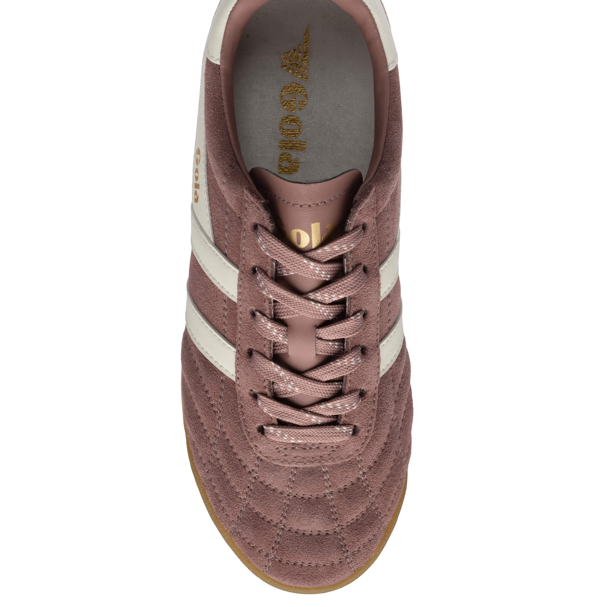 Top-down view of a Gola trainer in dusky pink suede with white stripes and laces