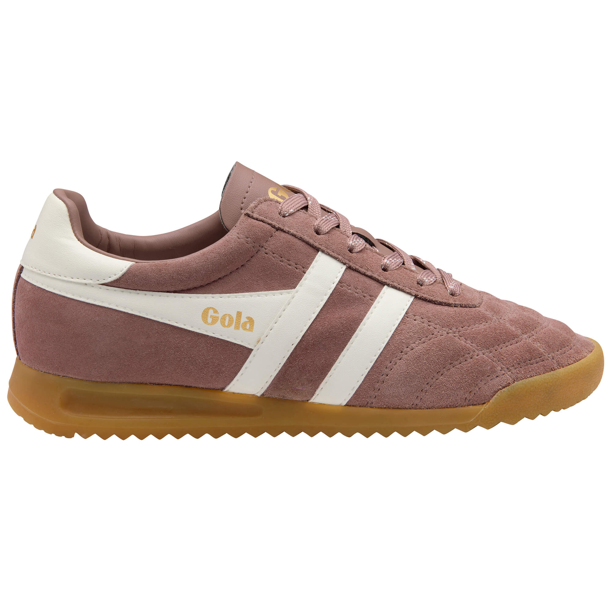 Gola women's trainer in dusky pink suede with white stripes and a gum sole