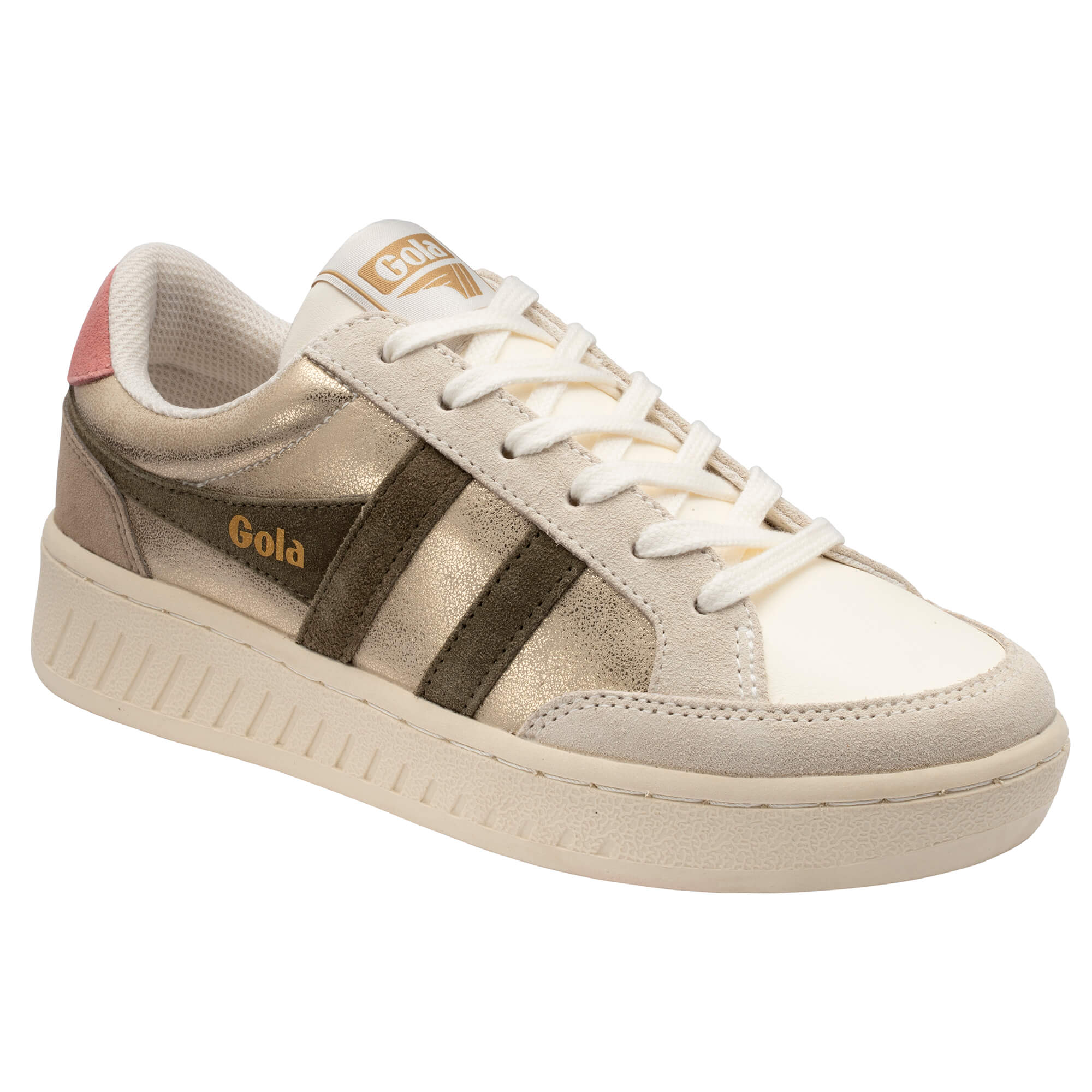 Gola women's trainer in gold, off-white, and olive green with a pink heel tab