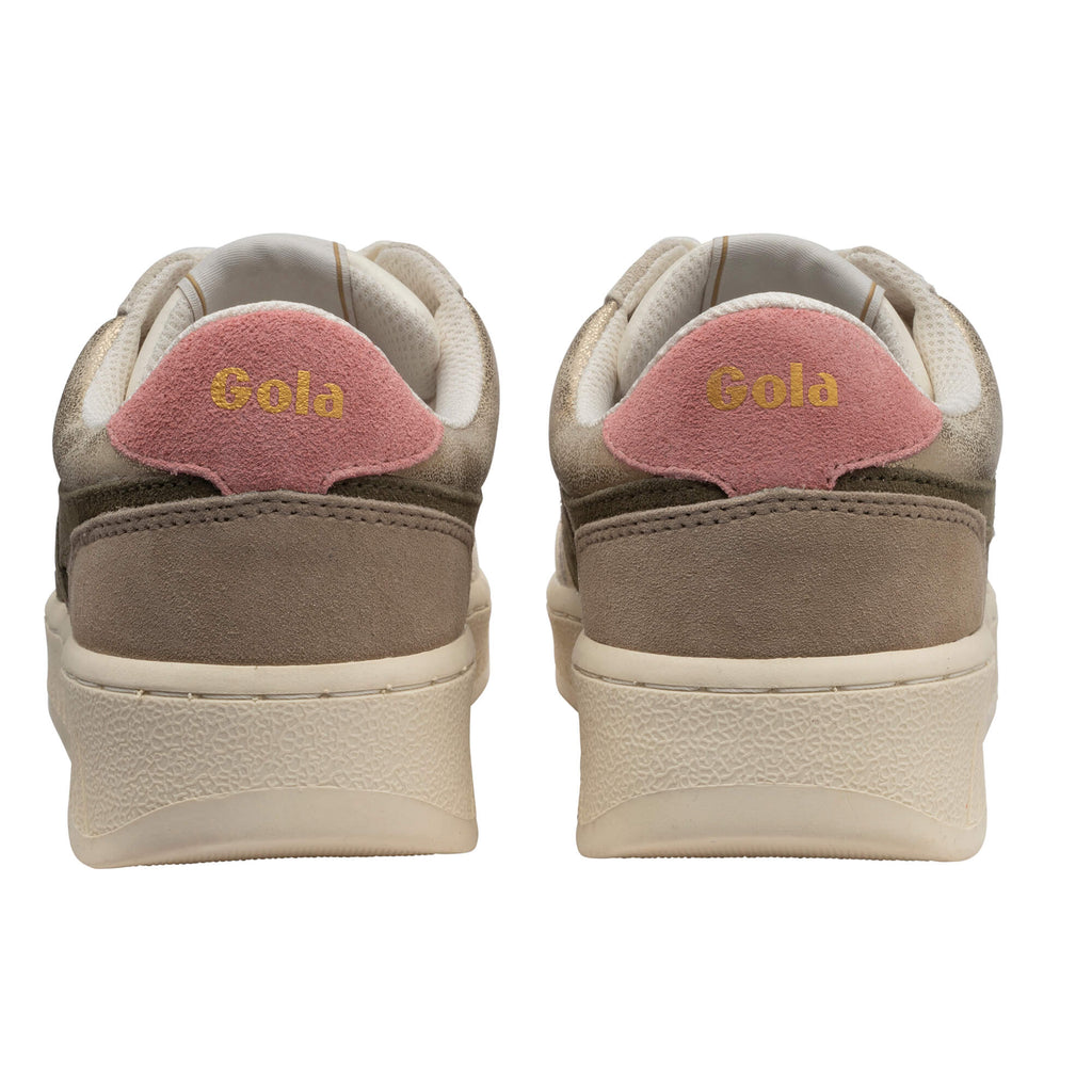 Rear view of two Gola trainers in gold, pink, and taupe with cream soles