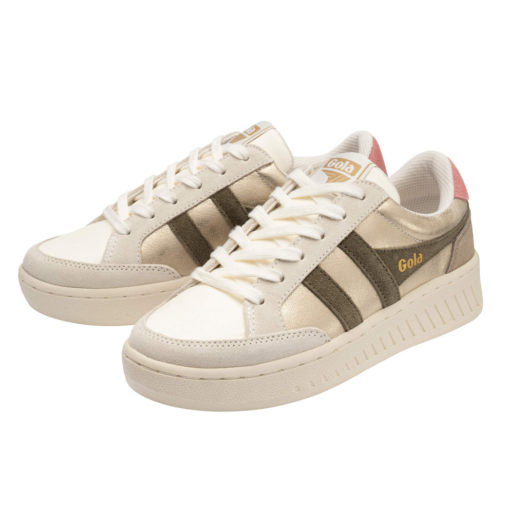 Pair of Gola trainers in white, gold, and olive green with pink heel accents