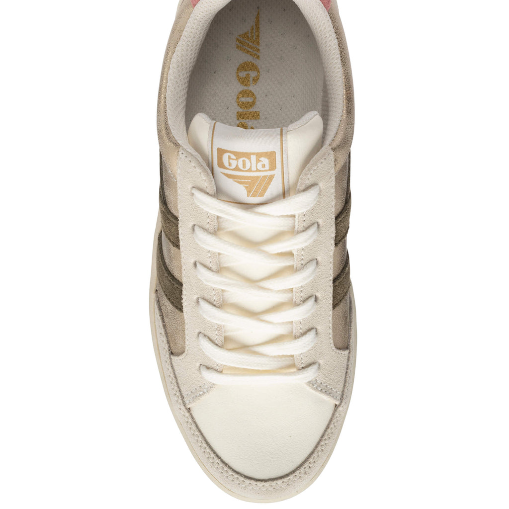 Top-down view of a Gola trainer in beige and gold with white laces
