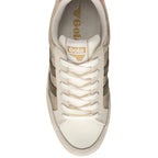 Top-down view of a Gola trainer in beige and gold with white laces