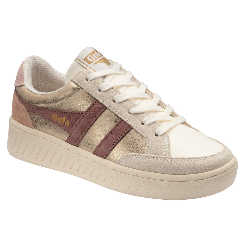 Gola women's trainer in gold, off-white, and pink with a thick sole