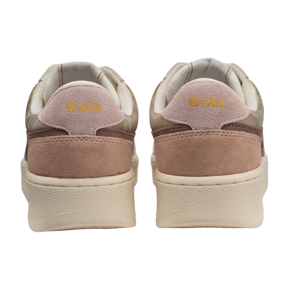 Rear view of two Gola trainers in gold, pink, and brown with cream soles
