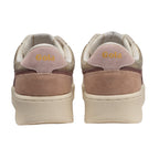 Rear view of two Gola trainers in gold, pink, and brown with cream soles