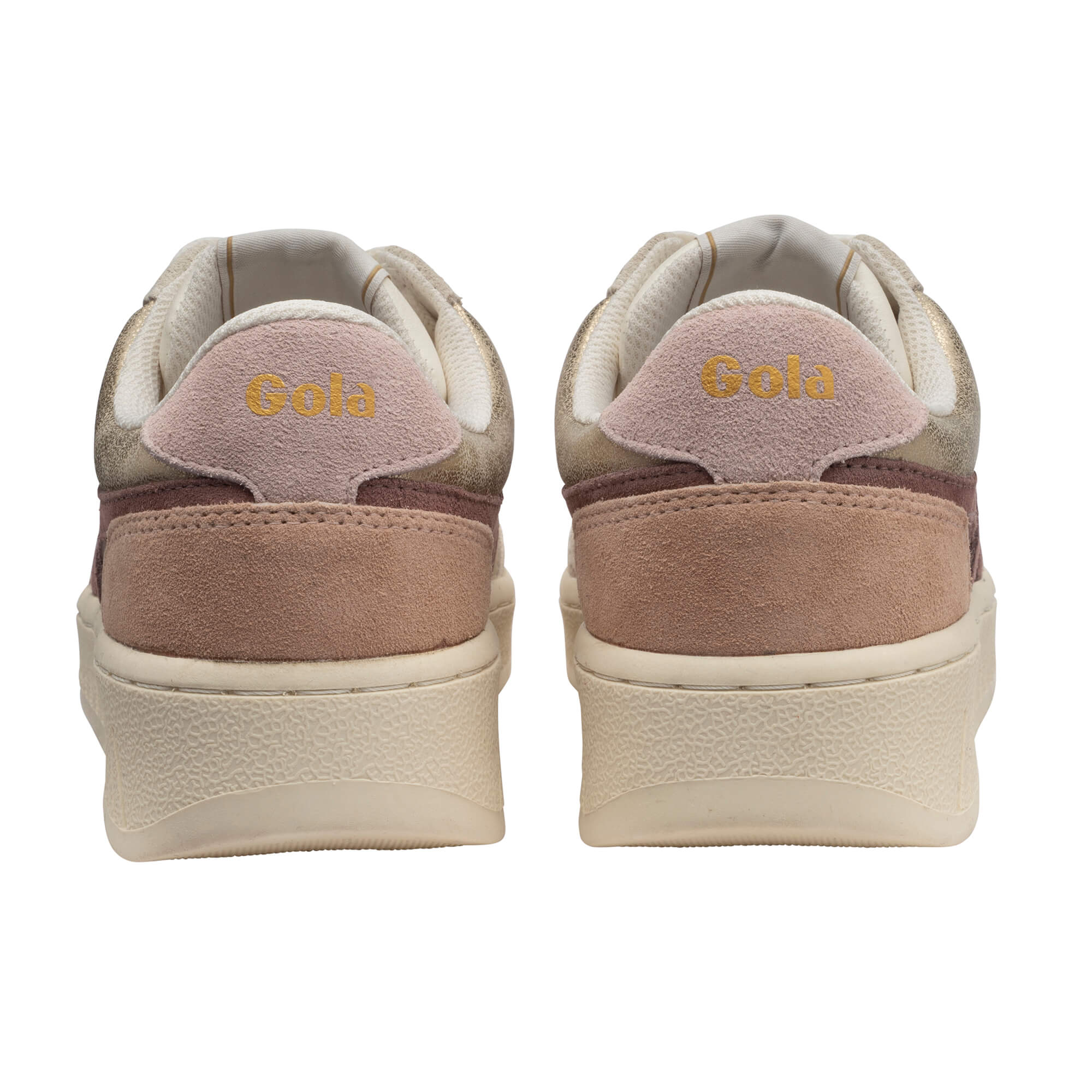 Rear view of two Gola trainers in gold, pink, and brown with cream soles