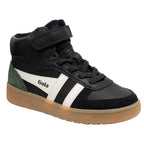 Gola Kids Coaster Peak high-top trainer in black with white stripes, green heel detail, and gum sole