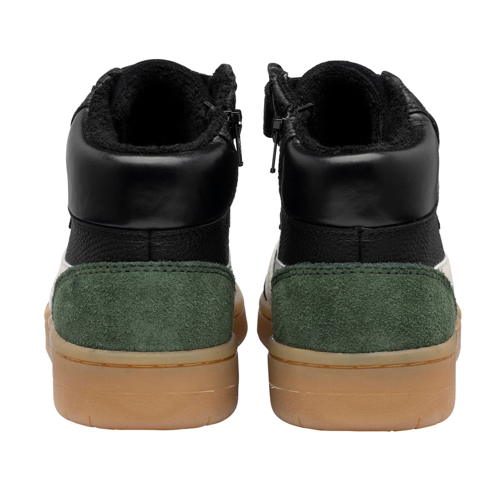 Pair of black, green, and white high-top trainers with tan soles, rear view