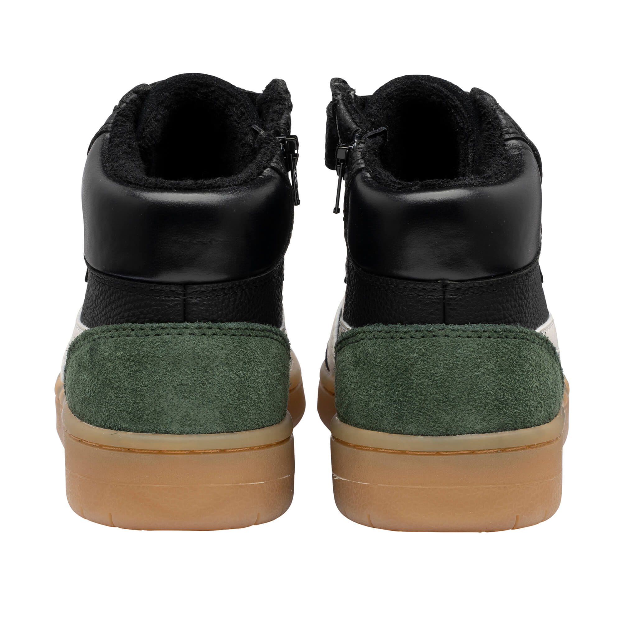 Pair of black, green, and white high-top trainers with tan soles, rear view