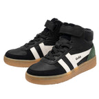 Black Gola high-top trainers with white stripes, green suede detail, and a gum sole