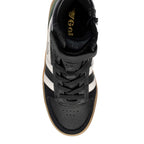 Black Gola kids trainer with white stripes and brown sole
