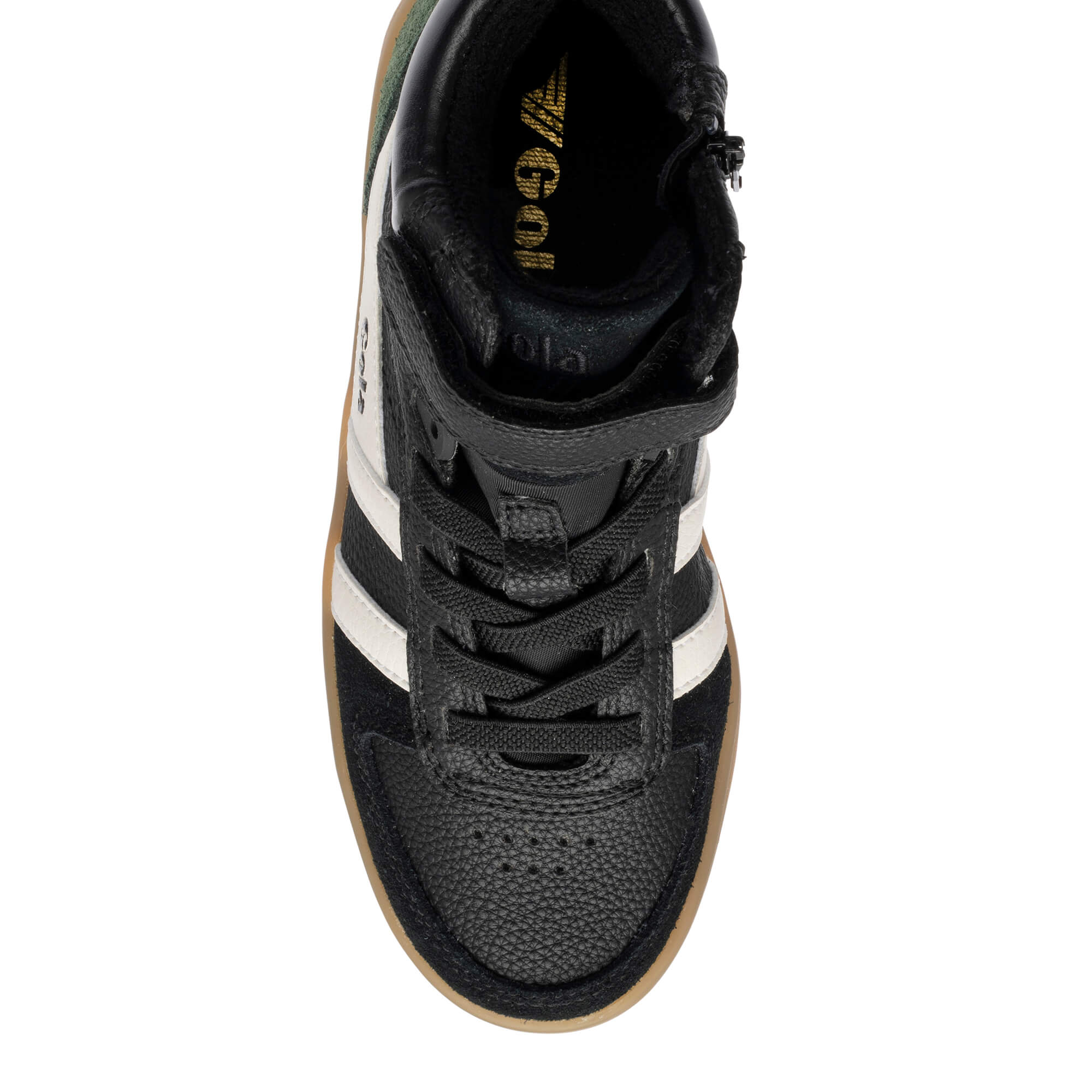 Black Gola kids trainer with white stripes and brown sole