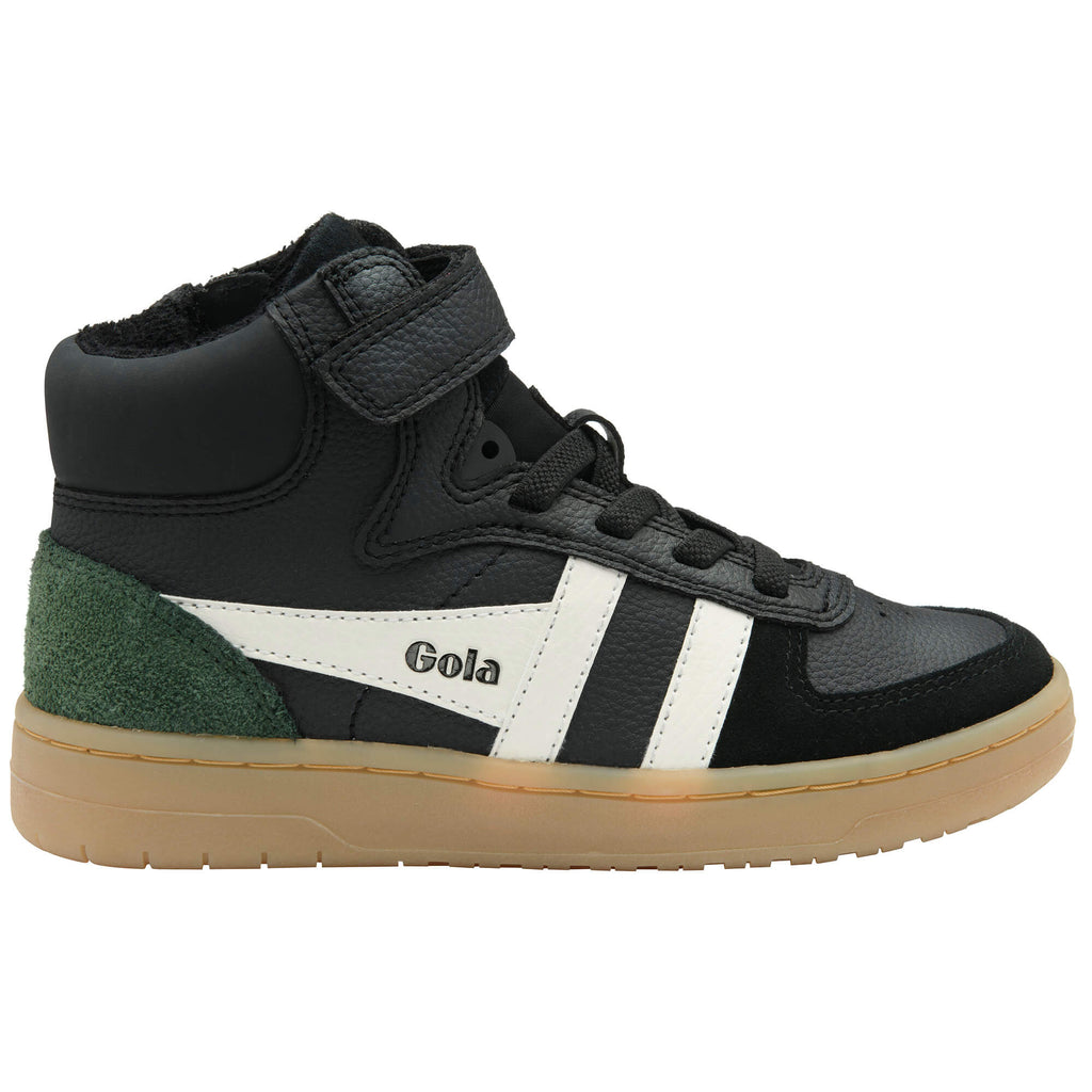 Black Gola high-top trainer with white stripes and green suede detail