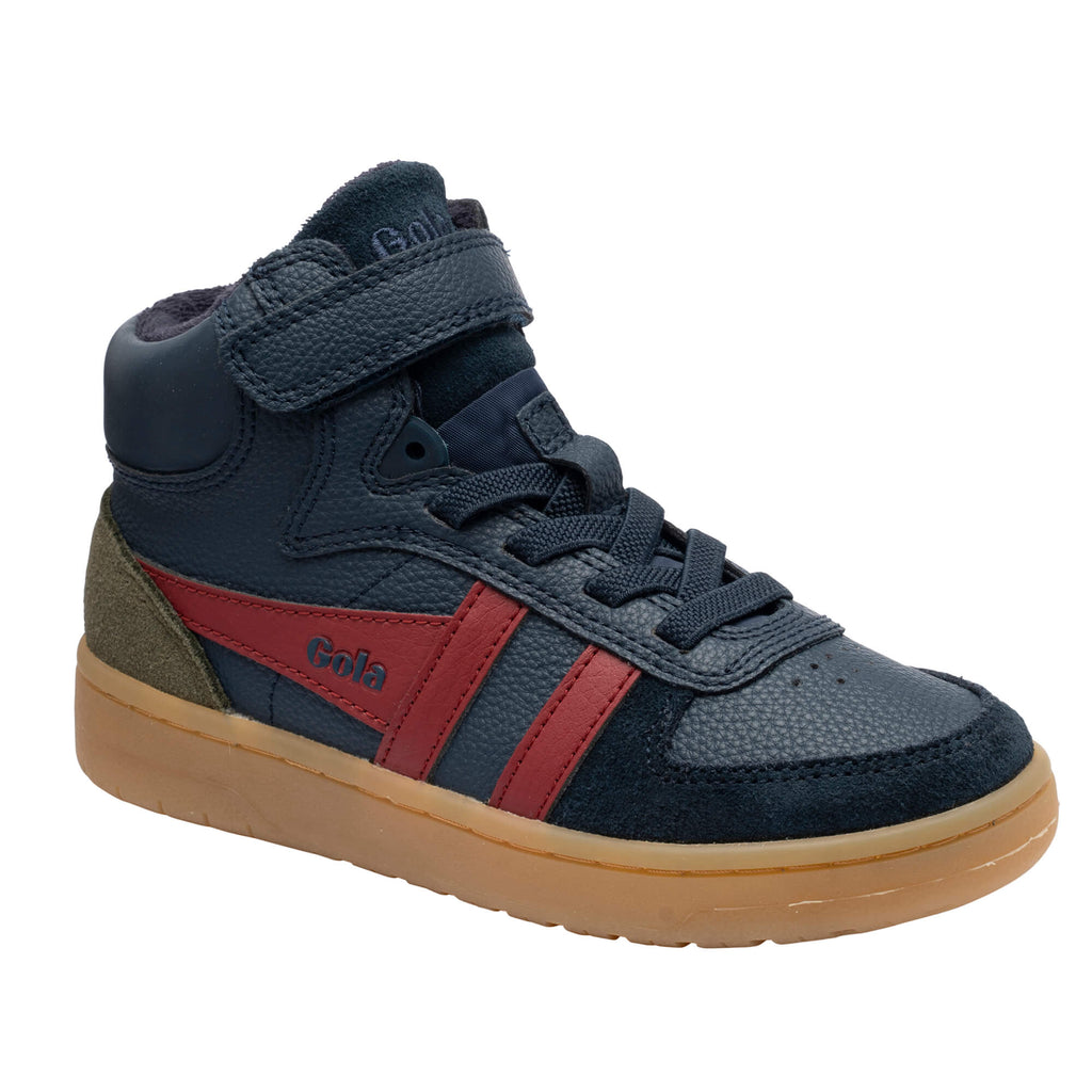 Gola Kids Coaster Peak high top trainer in navy with red stripes and a gum sole