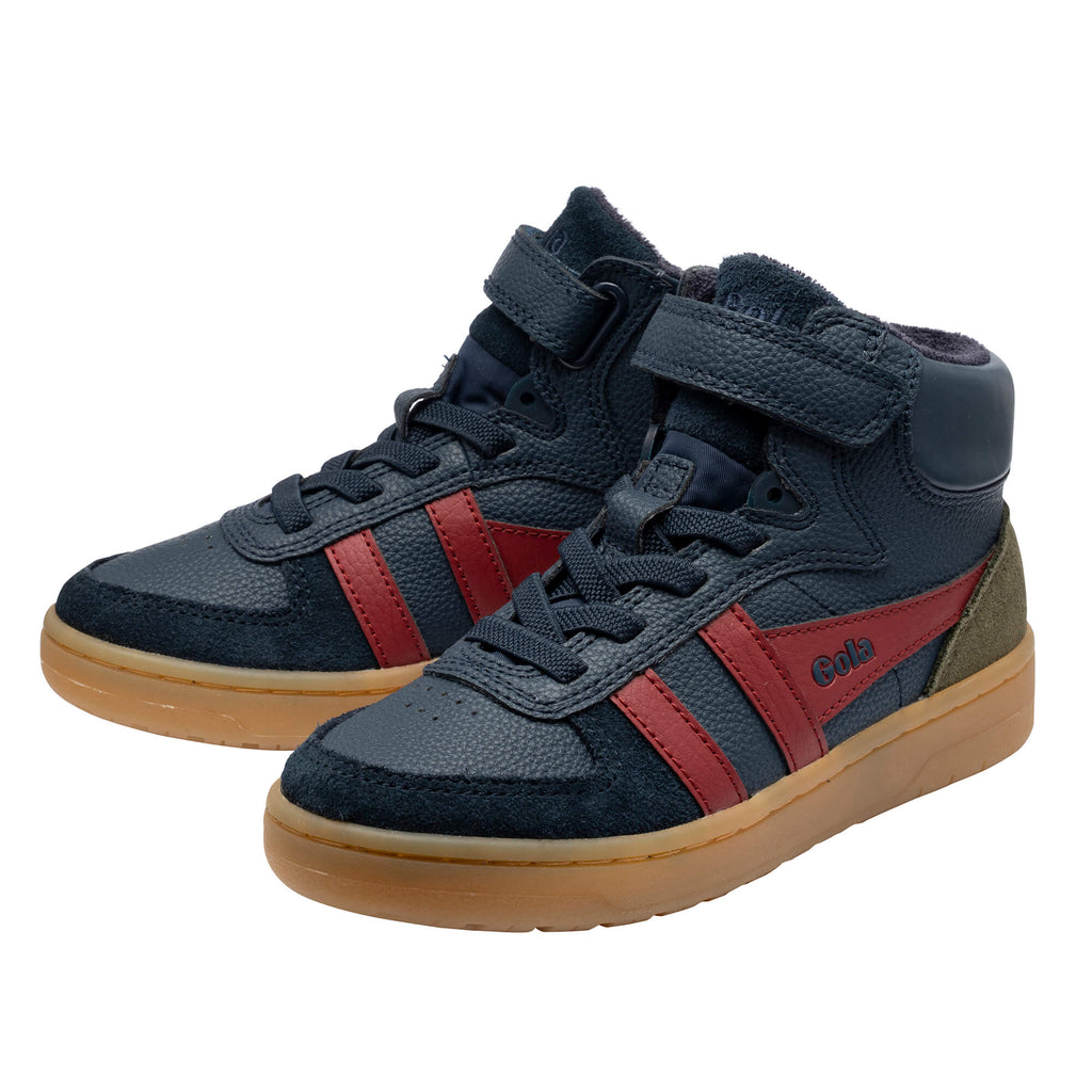 Pair of Gola kids Harrier high top trainers in navy with red stripes and gum sole