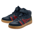 Pair of Gola kids Harrier high top trainers in navy with red stripes and gum sole