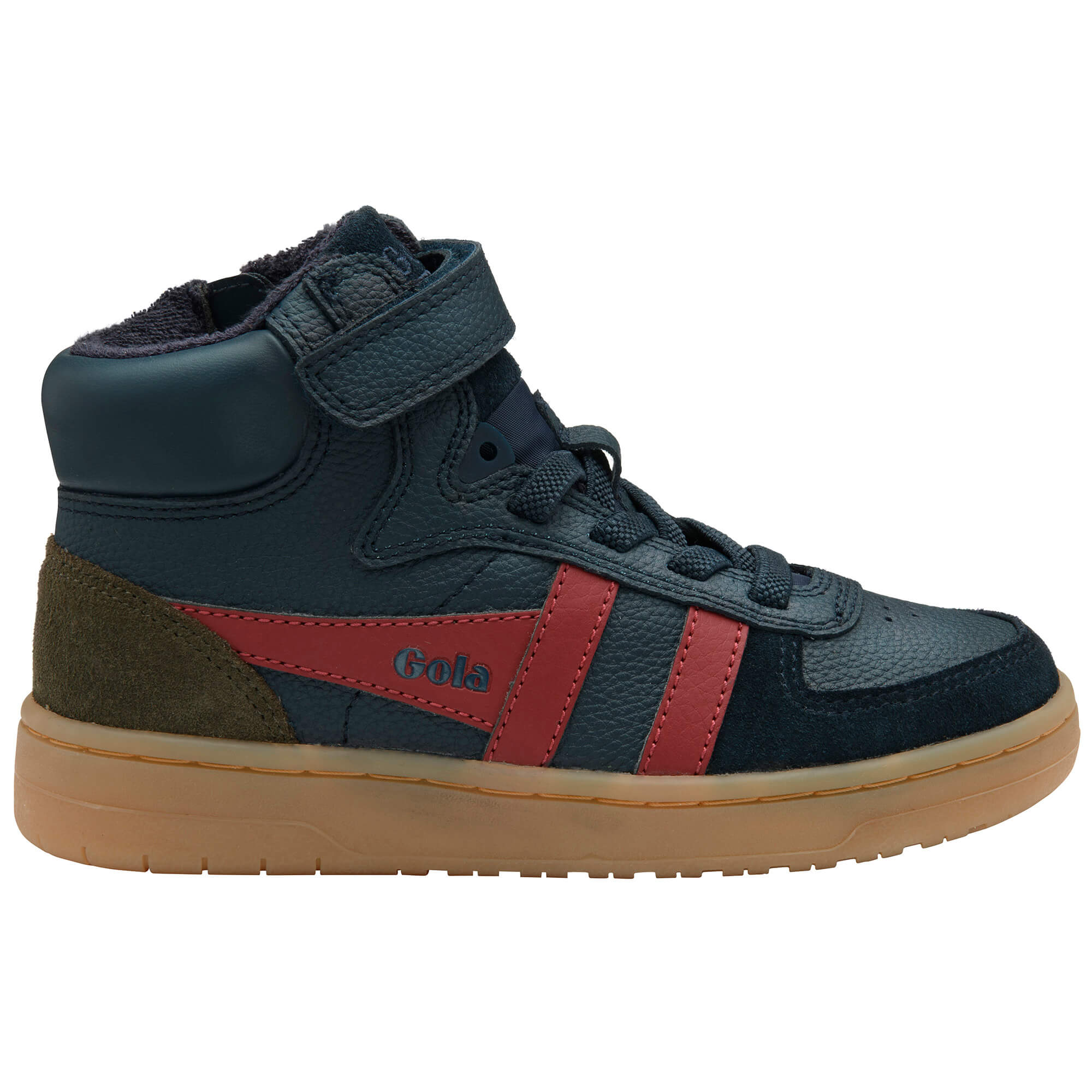 Gola Kids Baseline Mark Strap navy and red trainer with a gum sole
