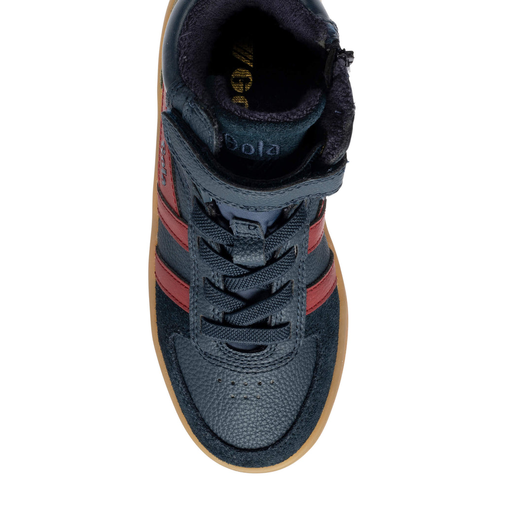 Navy blue and red high-top trainer with laces and a velcro strap