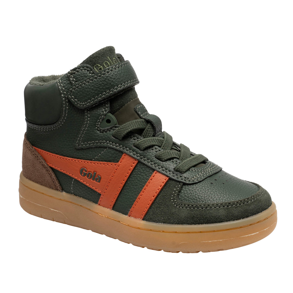 Gola Kids Coaster Peak high-top trainer in dark green with orange stripes and brown sole