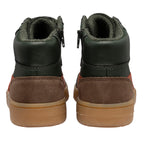Pair of dark green and brown high-top trainers with zips, rear view