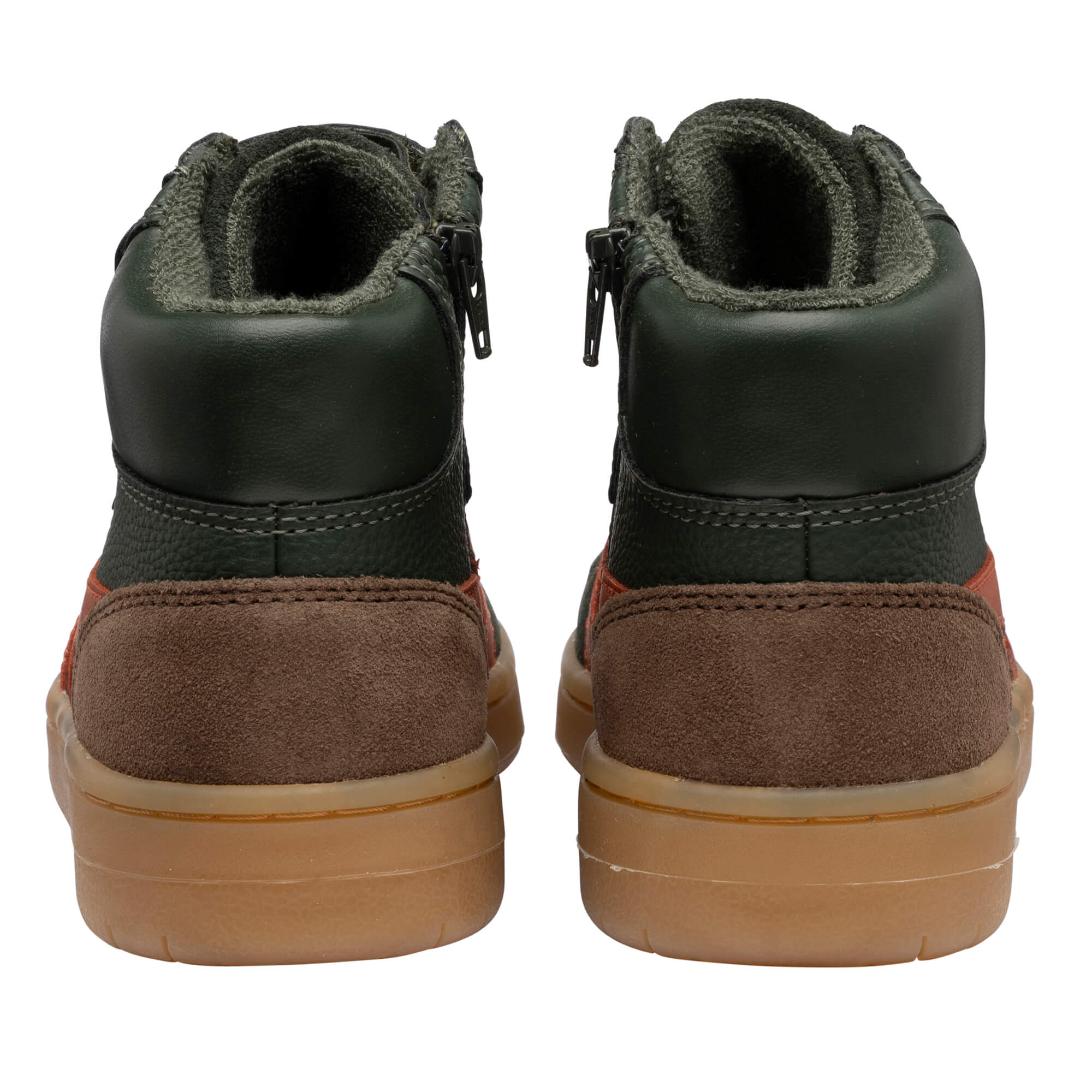 Pair of dark green and brown high-top trainers with zips, rear view
