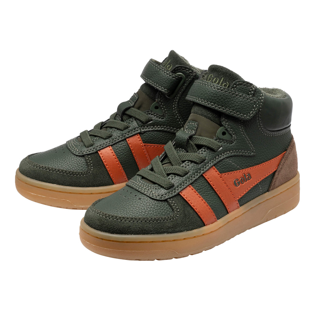 Pair of Gola Kids Coaster Peak trainers in dark green with orange stripes and brown soles