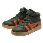 Pair of Gola Kids Coaster Peak trainers in dark green with orange stripes and brown soles