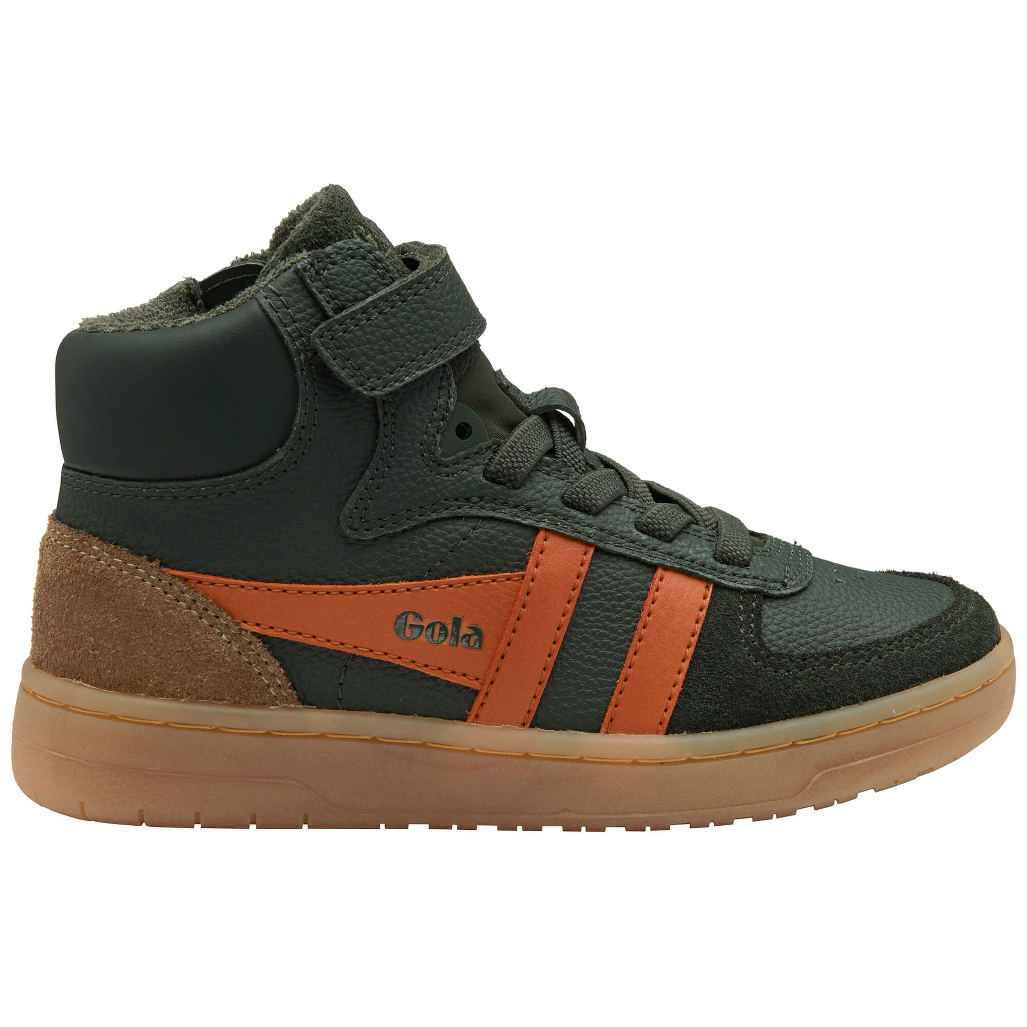 Gola Kids Baseline Hook and Loop high-top trainer in dark green with orange stripes and brown sole