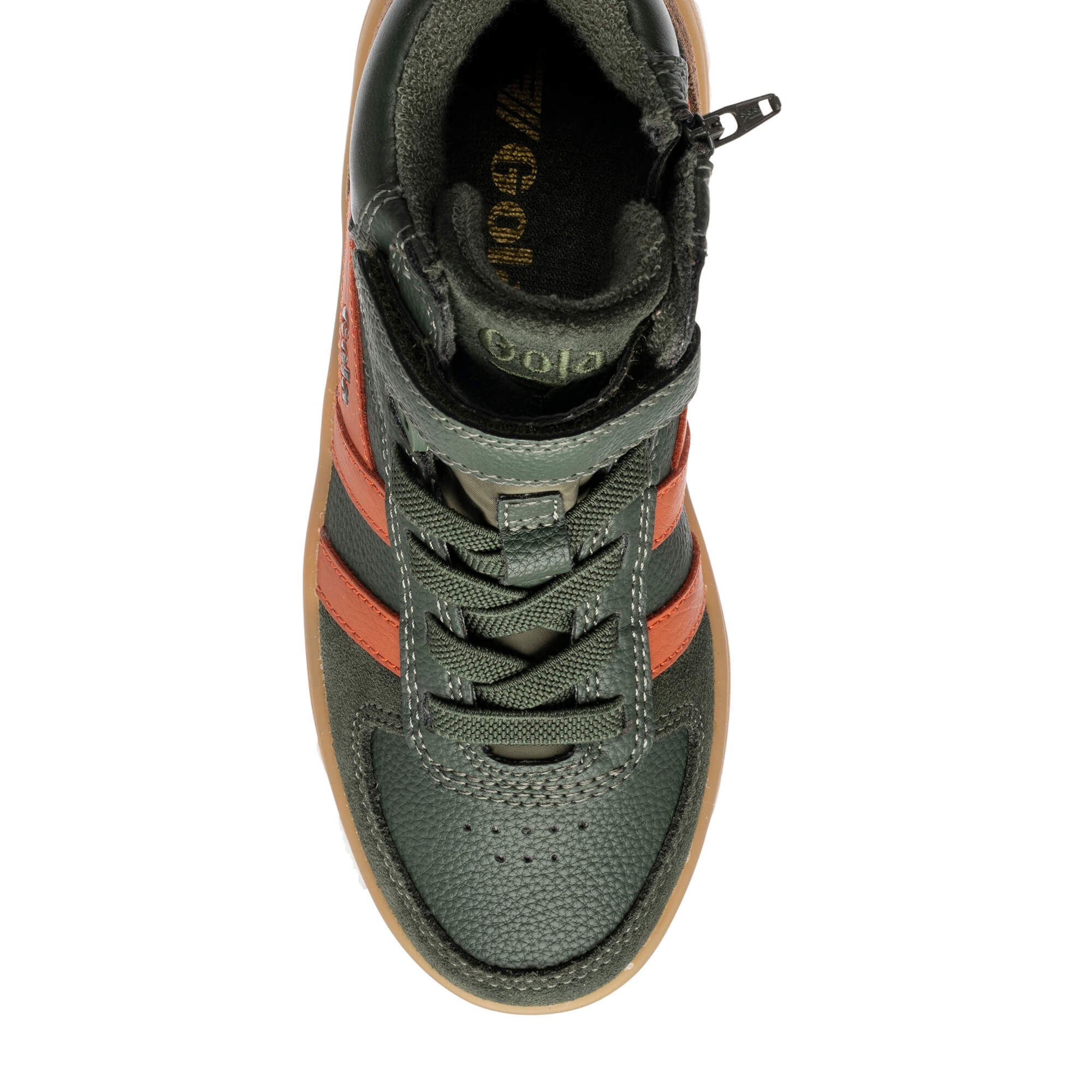 Top-down view of a dark green Gola trainer with orange stripes and a side zip