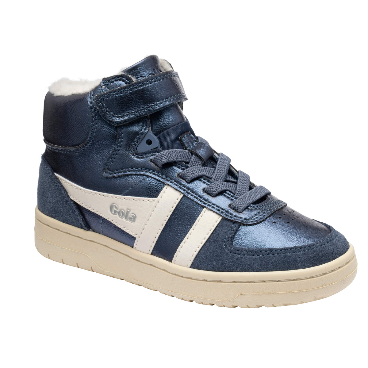Navy blue Gola high-top trainer with cream stripes and sole, faux fur lining, and a velcro strap